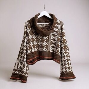 Free People Women's L Cropped Sweater Olive Cowl Neck Houndstooth Jupiter Boxy